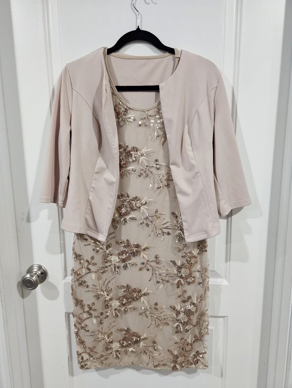 Floral Sequin Sheath Dress with Matching Beige Jacket